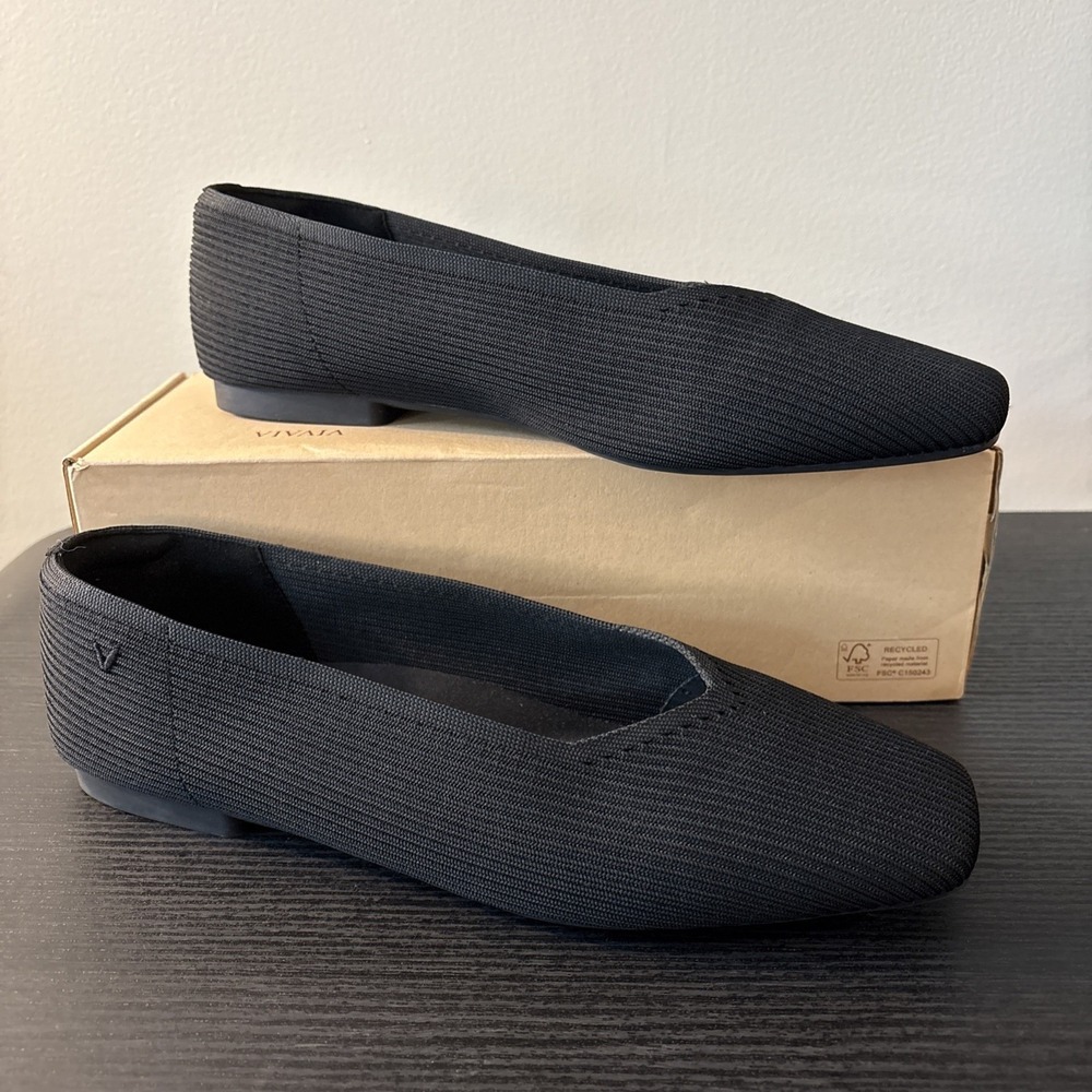 Vivaia Margot 2.0 Square Toe V Cut Flats 11 EU 43 Black Ballet Minimalist